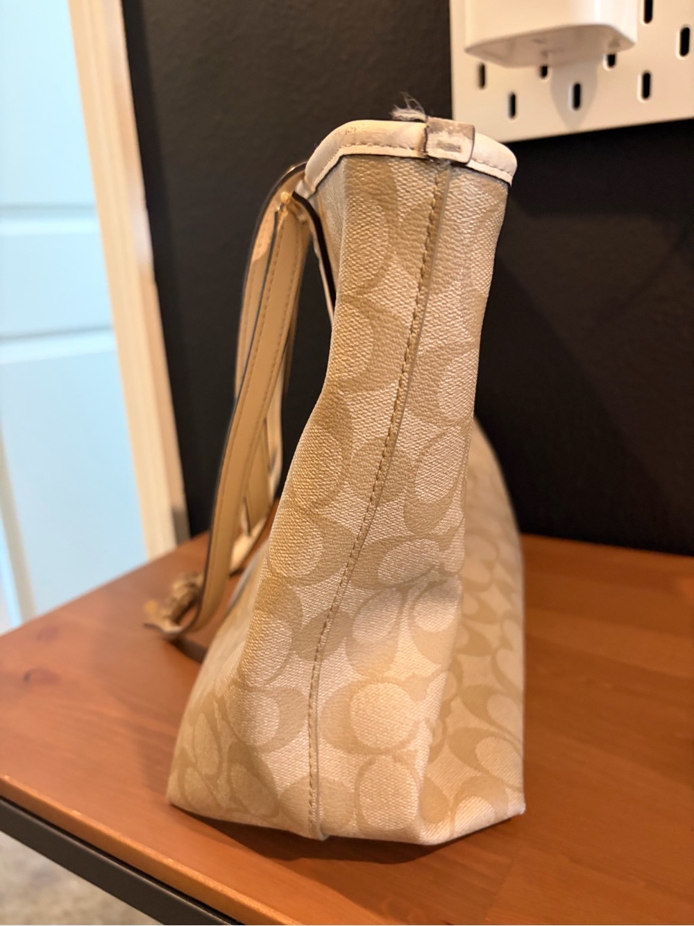 Coach Tan Signature Canvas Tote with Cream Trim khaki tote bag authentic USED - Picture 14 of 15